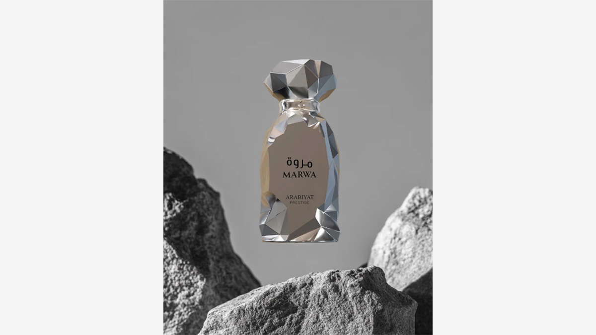 Arabiyat Prestige Marwa perfume floating over rocks